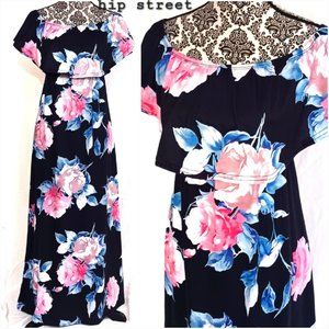 RUFFLE Overlay Bold Roses Print Jersey Maxi Dress On or Off Shoulder S NWOT